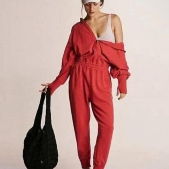 Cute red free people movement training day hoodie romper/ jumpsuit NWOT - Picture 1 of 7